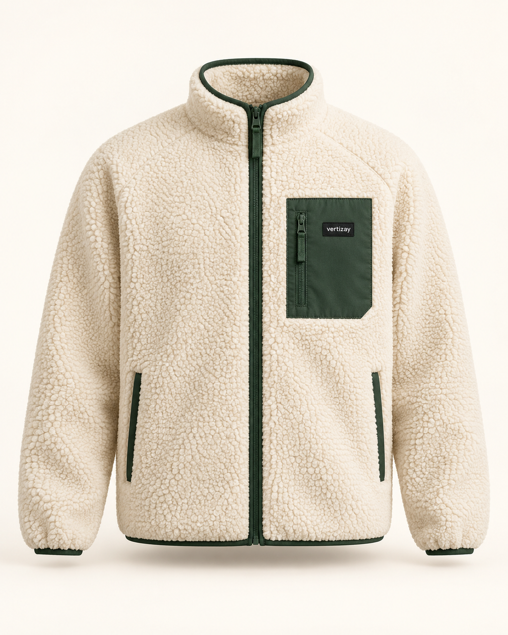 Ecru Alpine zip fleece with forest green chest pocket and vertizay label, front view.