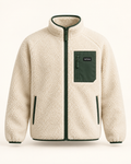 Ecru Alpine zip fleece with forest green chest pocket and vertizay label, front view.