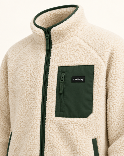 Close-up of Alpine fleece texture, forest chest pocket, zipper and vertizay label.