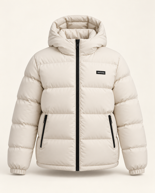 Bone Aurora hooded puffer jacket, front view with black zipper and vertizay chest label.