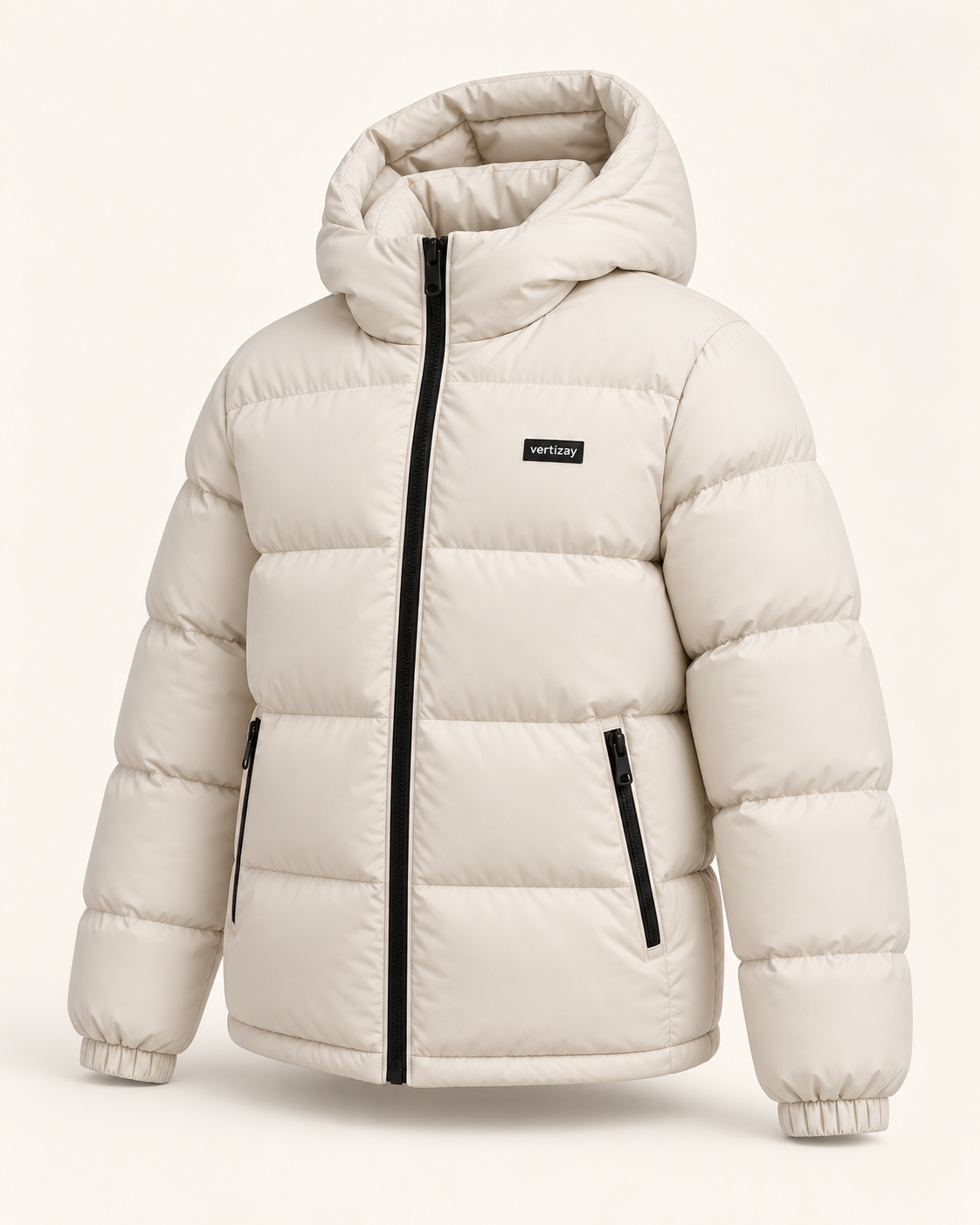 Three-quarter view of the bone Aurora puffer jacket showing padded hood and quilted sleeves.