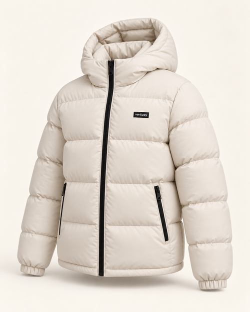 Three-quarter view of the bone Aurora puffer jacket showing padded hood and quilted sleeves.