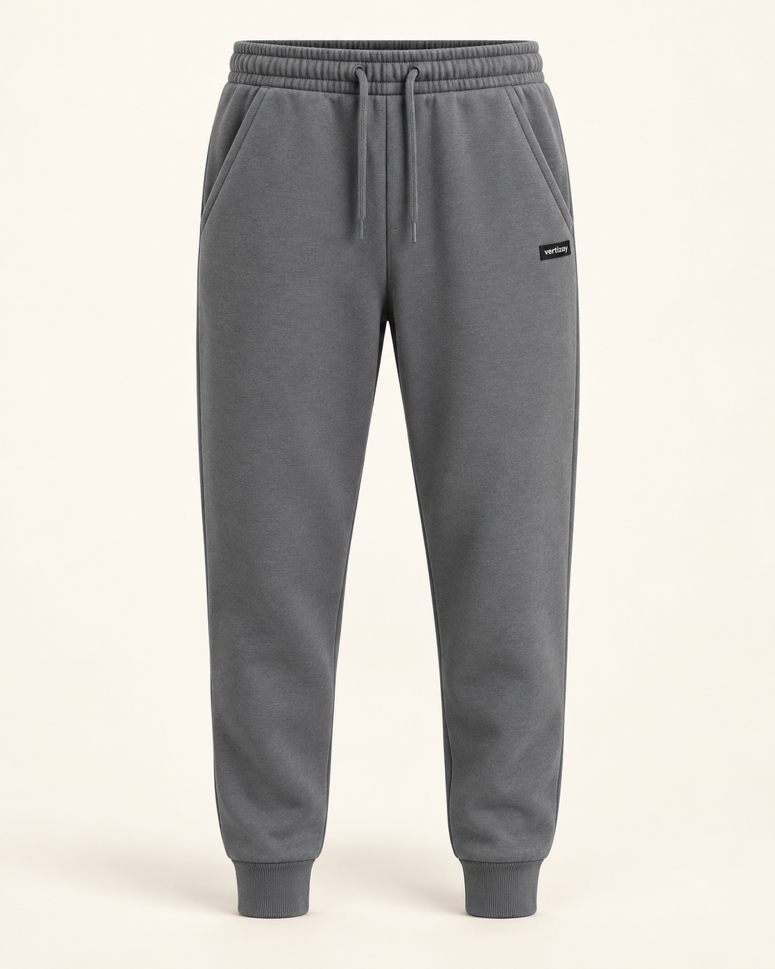 Slate Drift fleece joggers with drawstring waist, tapered legs and vertizay pocket label.