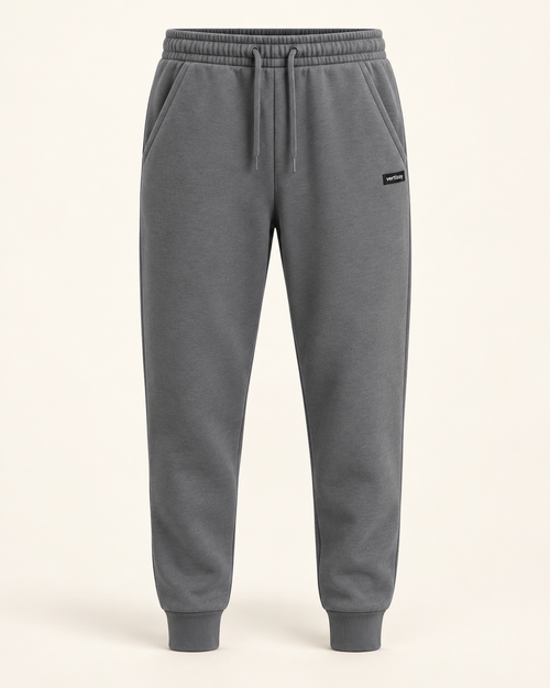 Slate Drift fleece joggers with drawstring waist, tapered legs and vertizay pocket label.