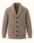 Taupe Haven shawl cardigan with five buttons, two patch pockets and vertizay label.