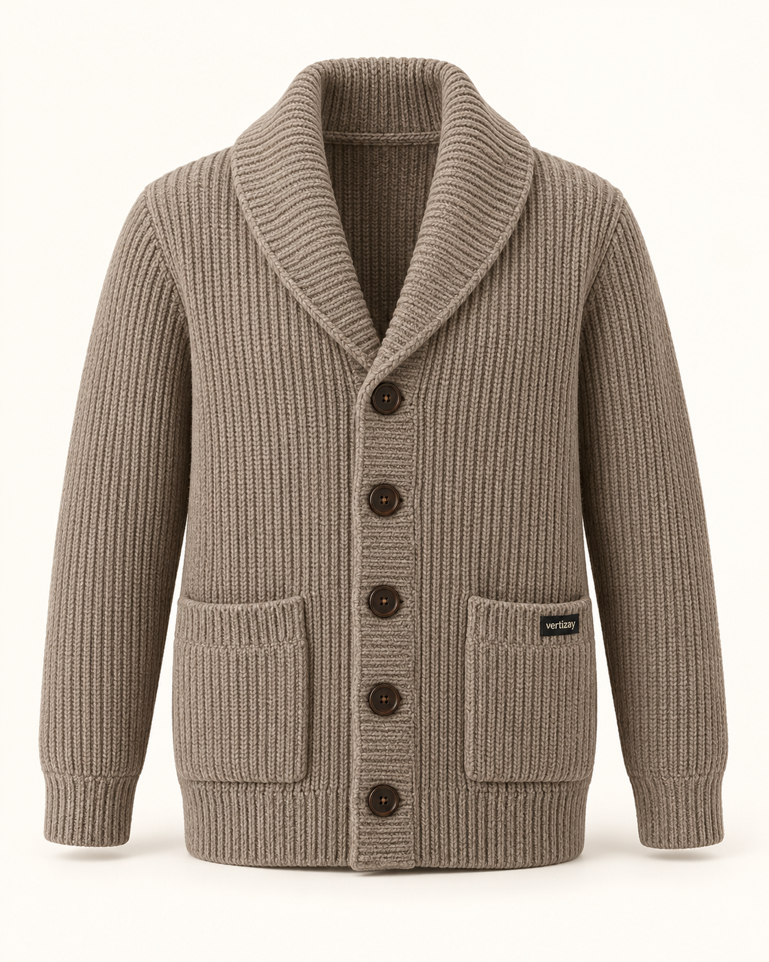 Taupe Haven shawl cardigan with five buttons, two patch pockets and vertizay label.