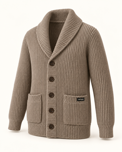 Angled view of the taupe Haven cardigan showing its shawl collar and chunky rib-knit texture.