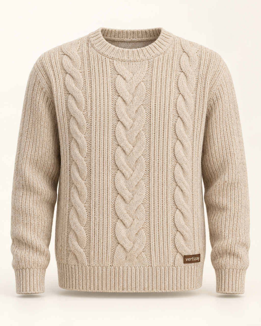 Oatmeal Hearth cable knit sweater with crew neck, ribbed trim and vertizay hem label.