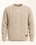 Oatmeal Hearth cable knit sweater with crew neck, ribbed trim and vertizay hem label.