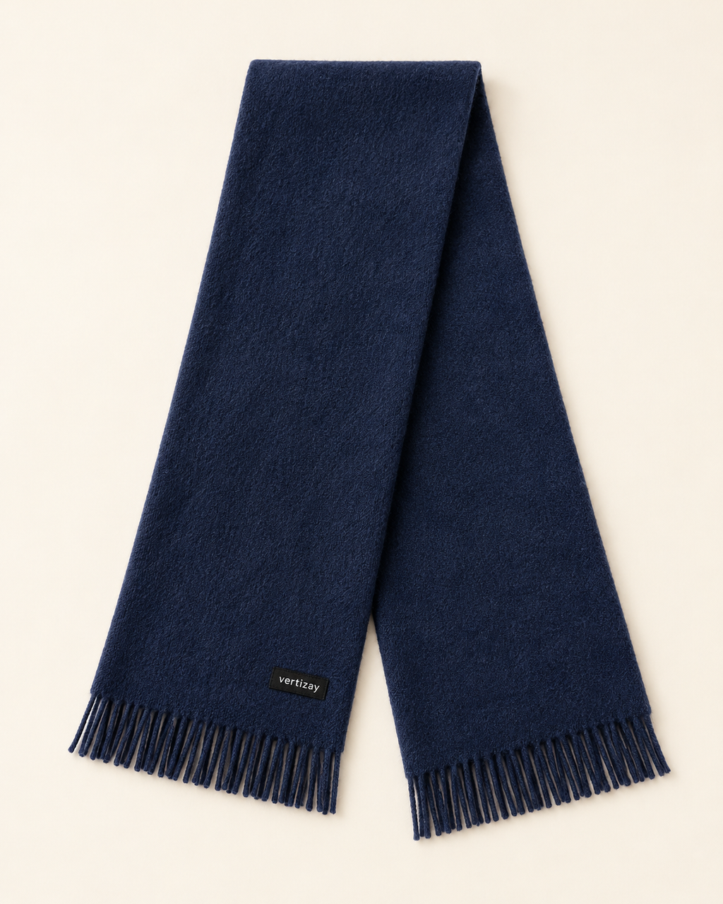 Navy Northline scarf with brushed texture, fringed ends and a vertizay label.