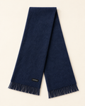 Navy Northline scarf with brushed texture, fringed ends and a vertizay label.