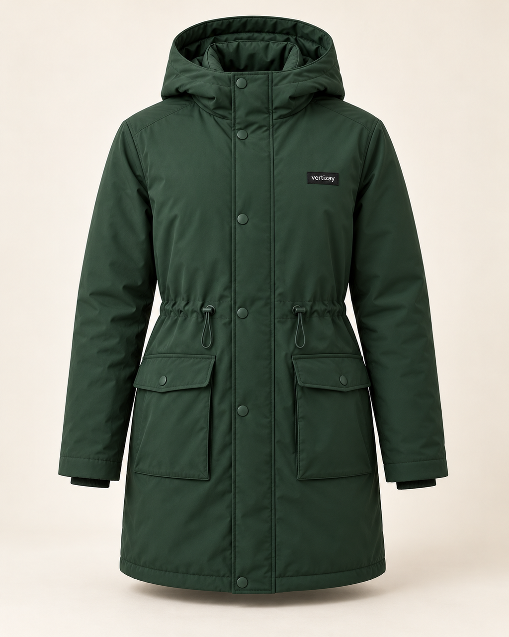 Forest green Ridge longline parka with hood, snap placket, flap pockets and vertizay label.