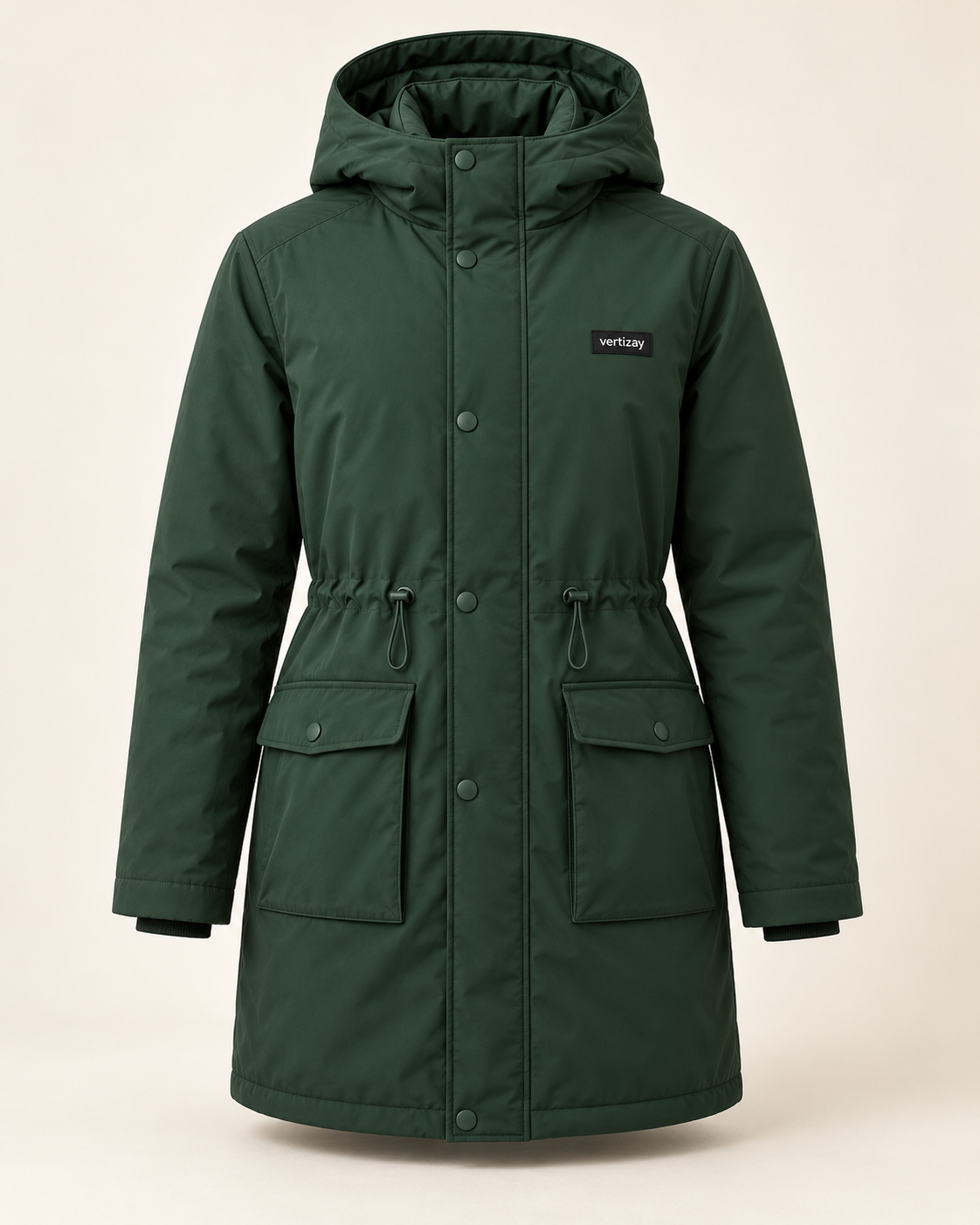 Forest green Ridge longline parka with hood, snap placket, flap pockets and vertizay label.