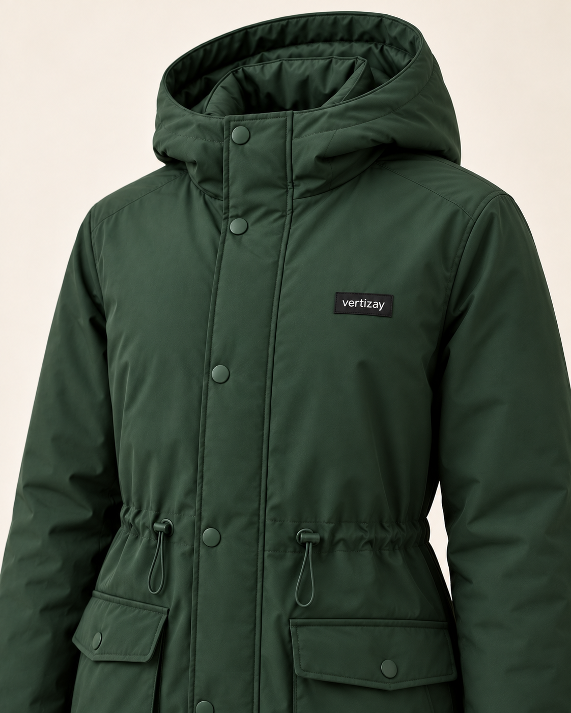 Detail of the forest Ridge parka showing hood, chest label and adjustable waist.