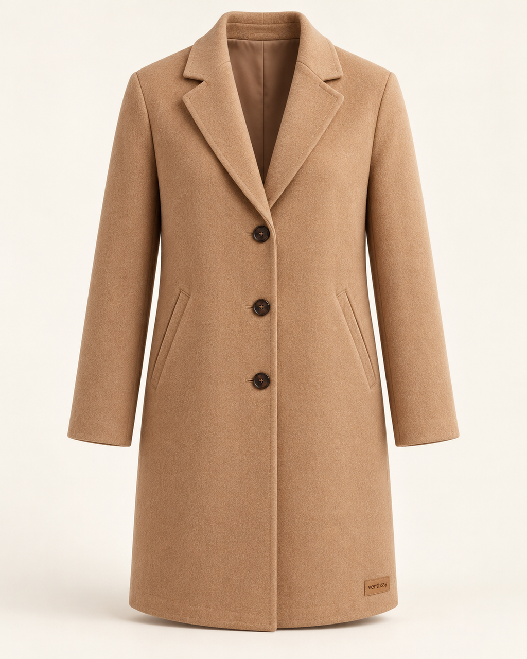 Camel Solstice tailored coat with notched lapels, three buttons and subtle vertizay hem label.