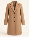 Camel Solstice tailored coat with notched lapels, three buttons and subtle vertizay hem label.