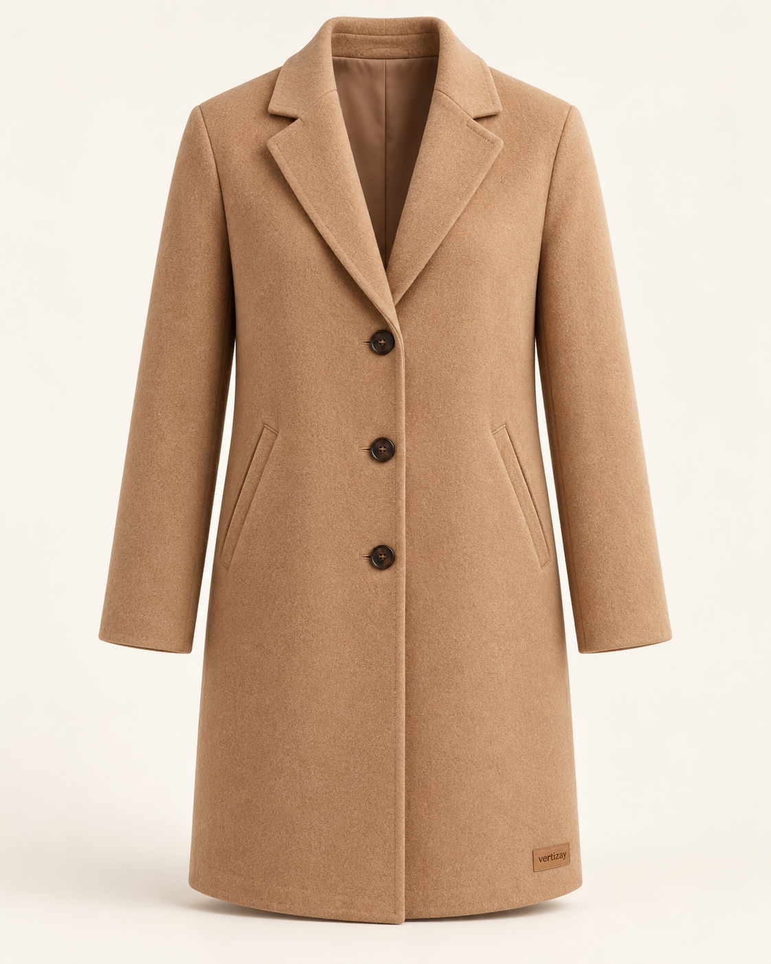 Camel Solstice tailored coat with notched lapels, three buttons and subtle vertizay hem label.