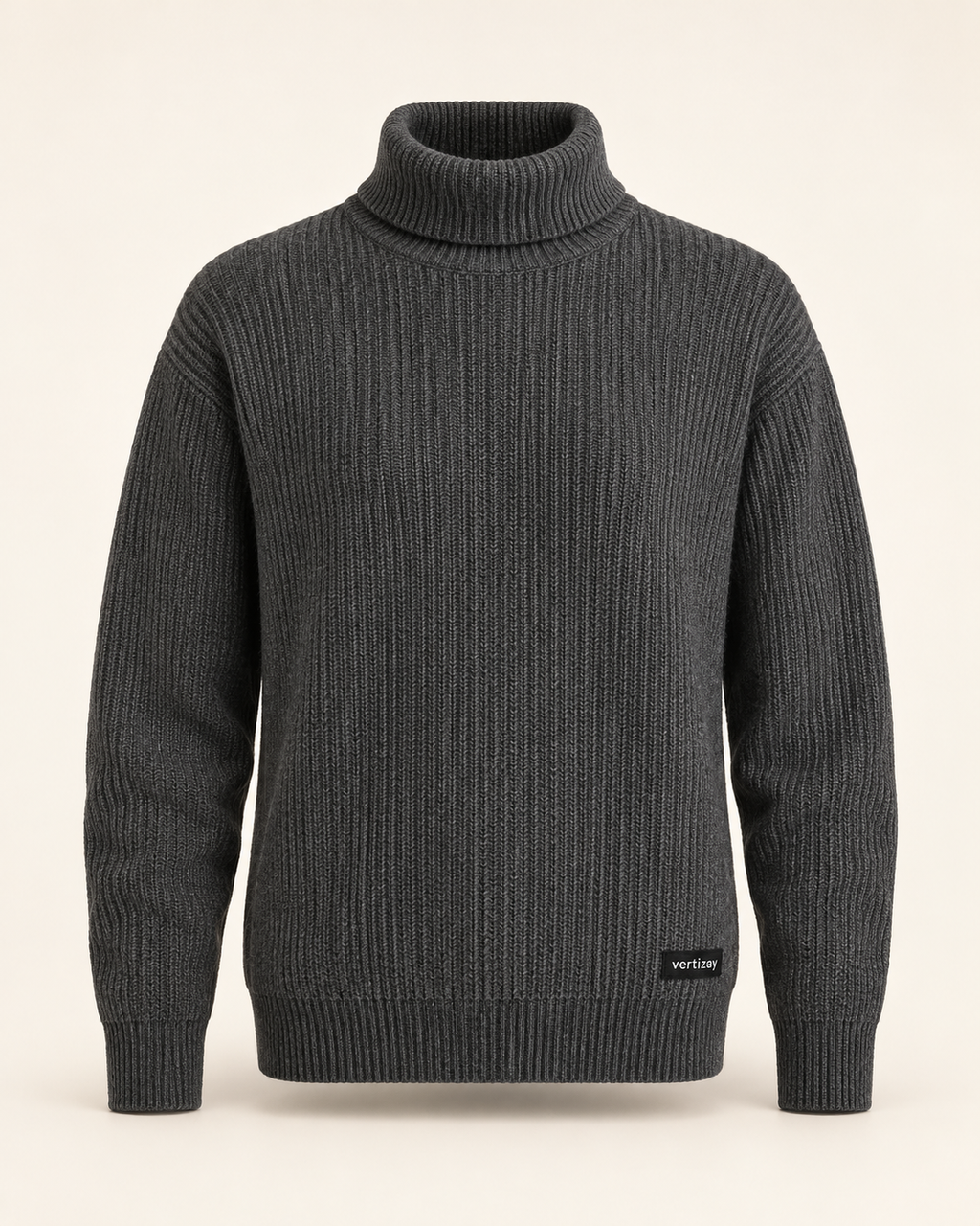 Charcoal Vale ribbed rollneck sweater with folded turtleneck and vertizay hem label.