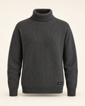 Charcoal Vale ribbed rollneck sweater with folded turtleneck and vertizay hem label.