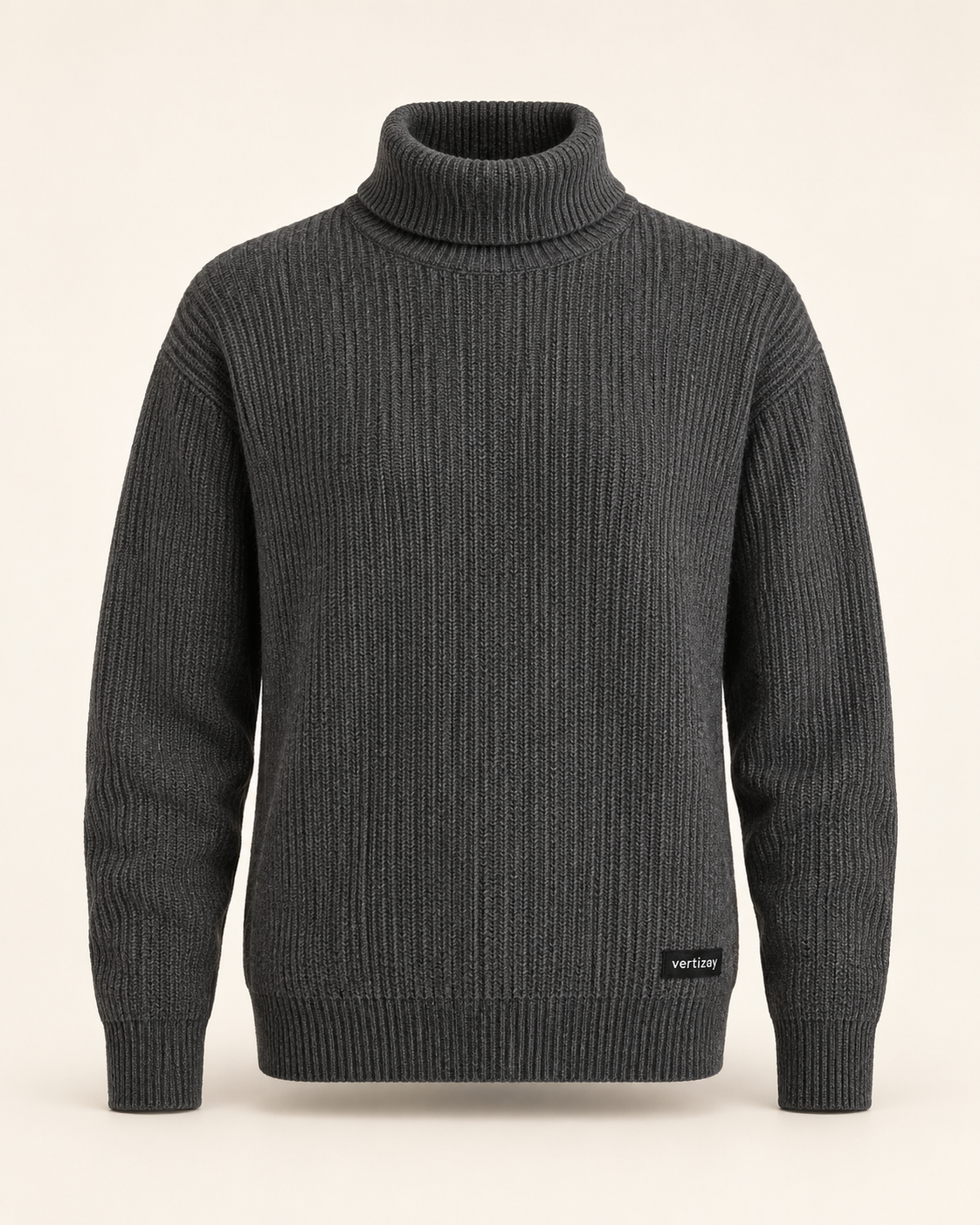 Charcoal Vale ribbed rollneck sweater with folded turtleneck and vertizay hem label.