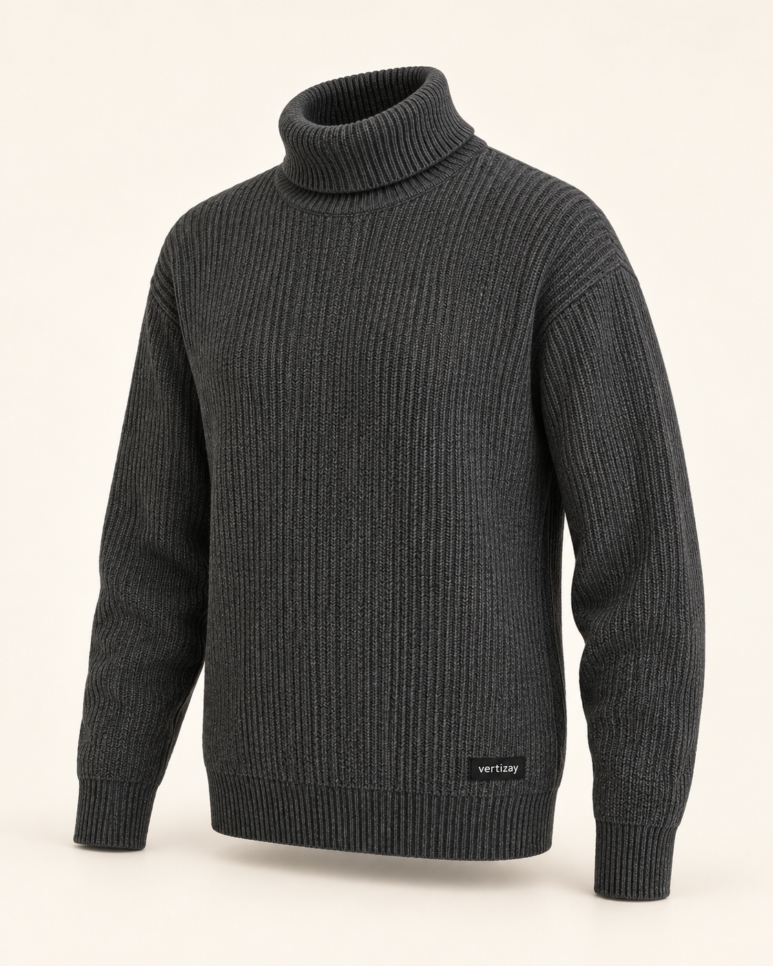 Three-quarter view of the charcoal Vale rollneck showing fine ribbing and long sleeves.
